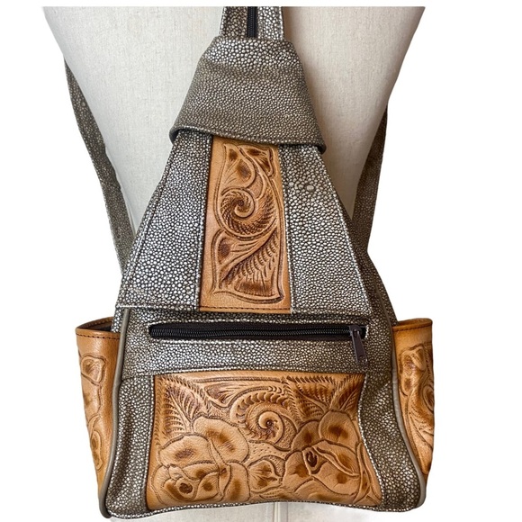 Handbags - Genuine Mexican cowhide floral hand tooled leather backpack boho unique …